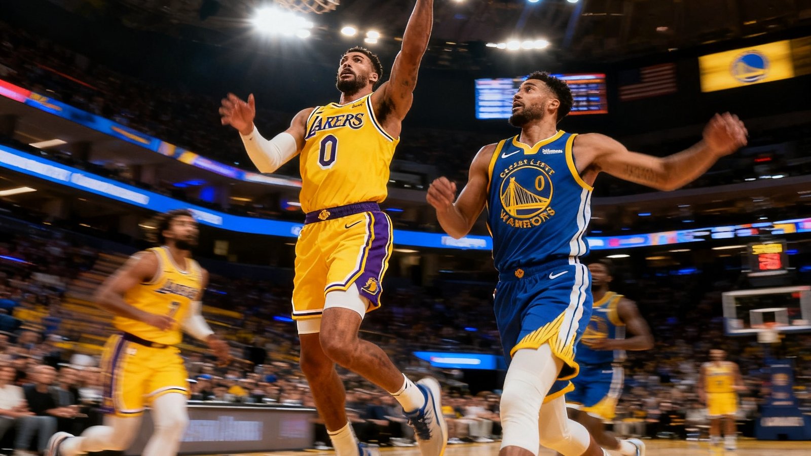NBA常规赛直播画面，洛杉矶湖人对阵金州勇士，球员正在快攻上篮，场馆灯光璀璨