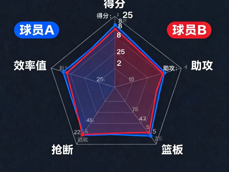 球员表现雷达图，以五边形对比两名核心球员的得分、助攻、篮板、抢断和效率值，数据差异一目了然